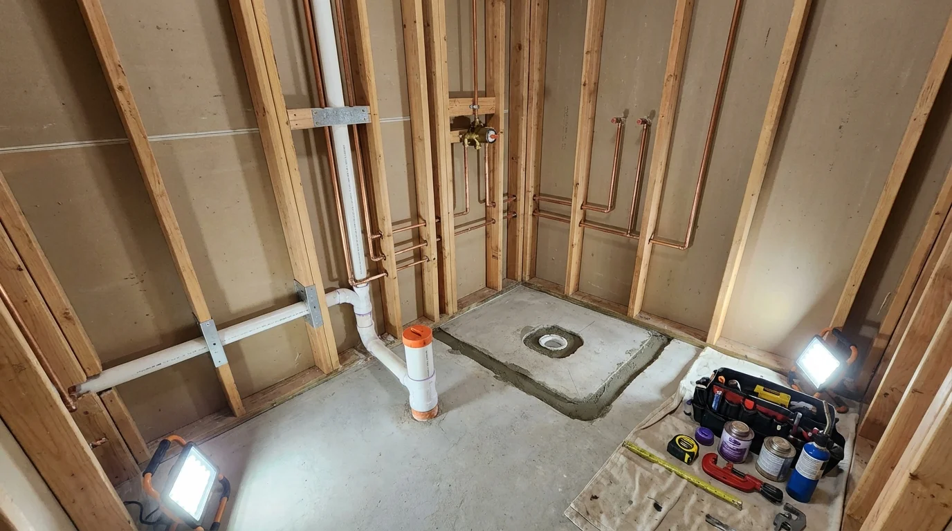 Bathroom rough-in plumbing during remodel by Johns Plumbing LLC in Bentleyville
