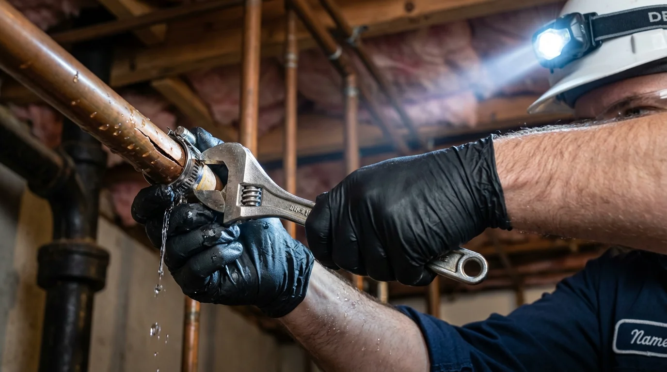 Emergency pipe clamp repair being performed by a Johns Plumbing LLC plumber in Bentleyville