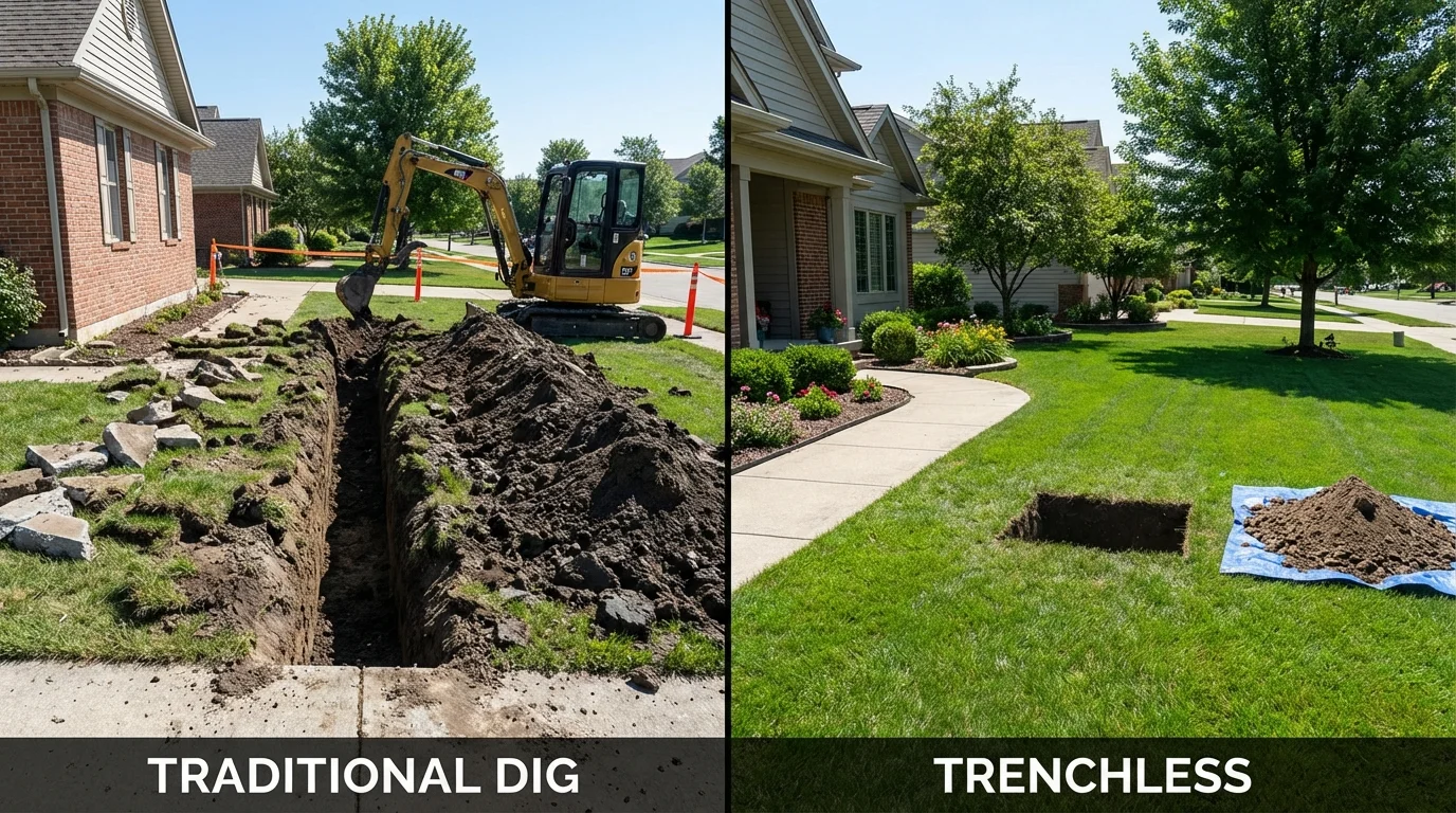 Trenchless sewer repair with minimal yard damage versus traditional excavation in Bentleyville, PA