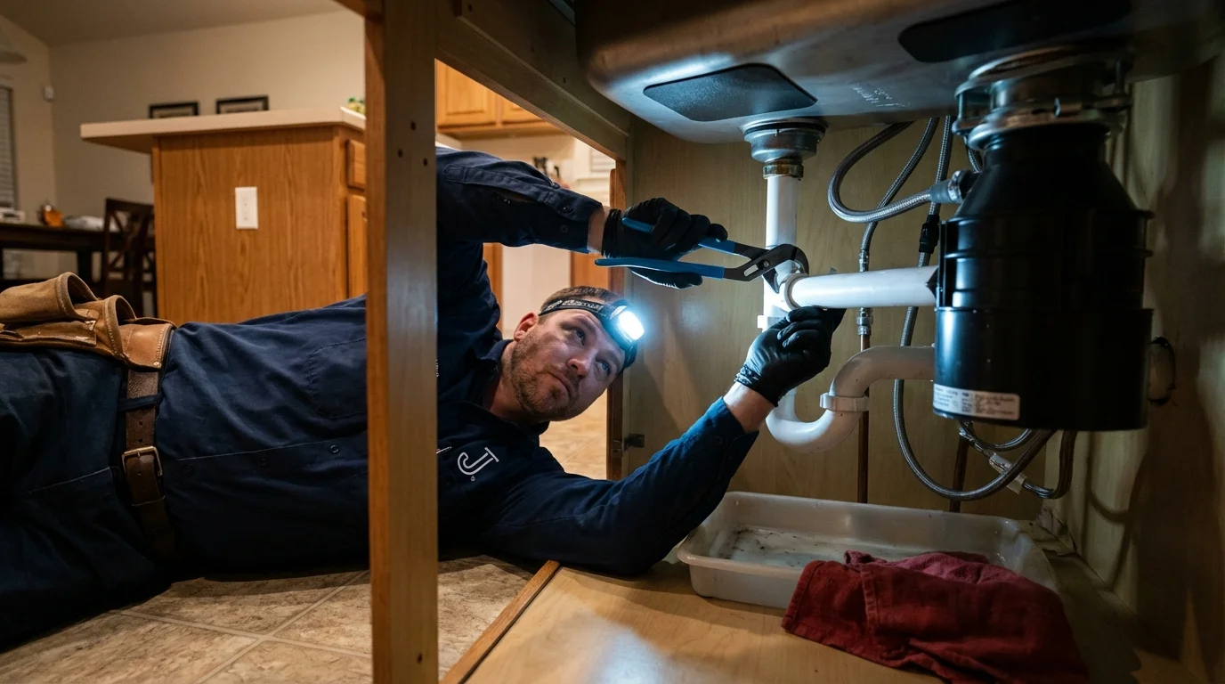 P-trap and supply line connections under a kitchen sink showing a common leak point in Bentleyville, PA
